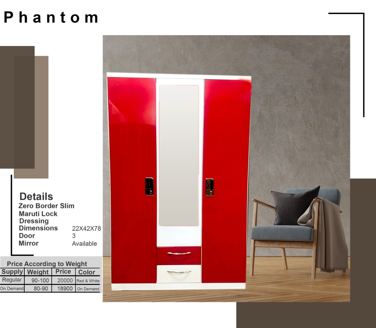 Red and White Metal Almirah Phantom Almirahs